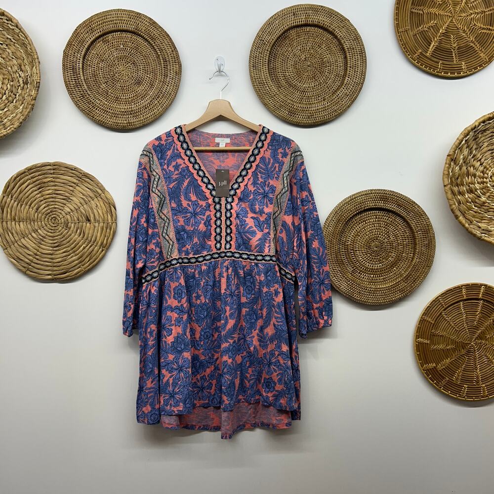 NEW J Jill Floral Embroidered Tunic Top Large Pink Blue Flower 3/4 Length Sleeve - Picture 2 of 7